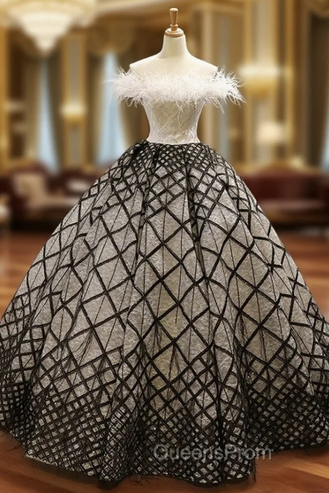 Black And White Ball Gown Off The Shoulder Lace Beading Haute Couture Evening Prom Dress With Feather