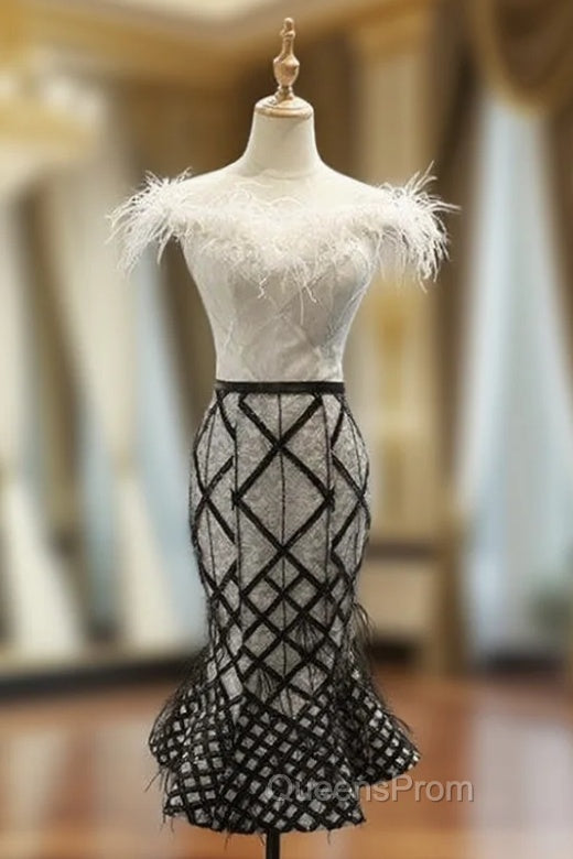 Black And White Mermaid Off the Shoulder Short Evening Prom Dress With Feather Main image