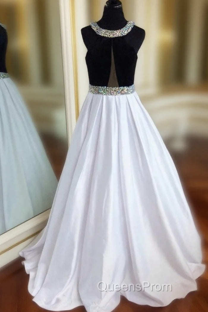 Black and White Satin Long Evening Dress Evening Prom Gowns with Crystals Main image