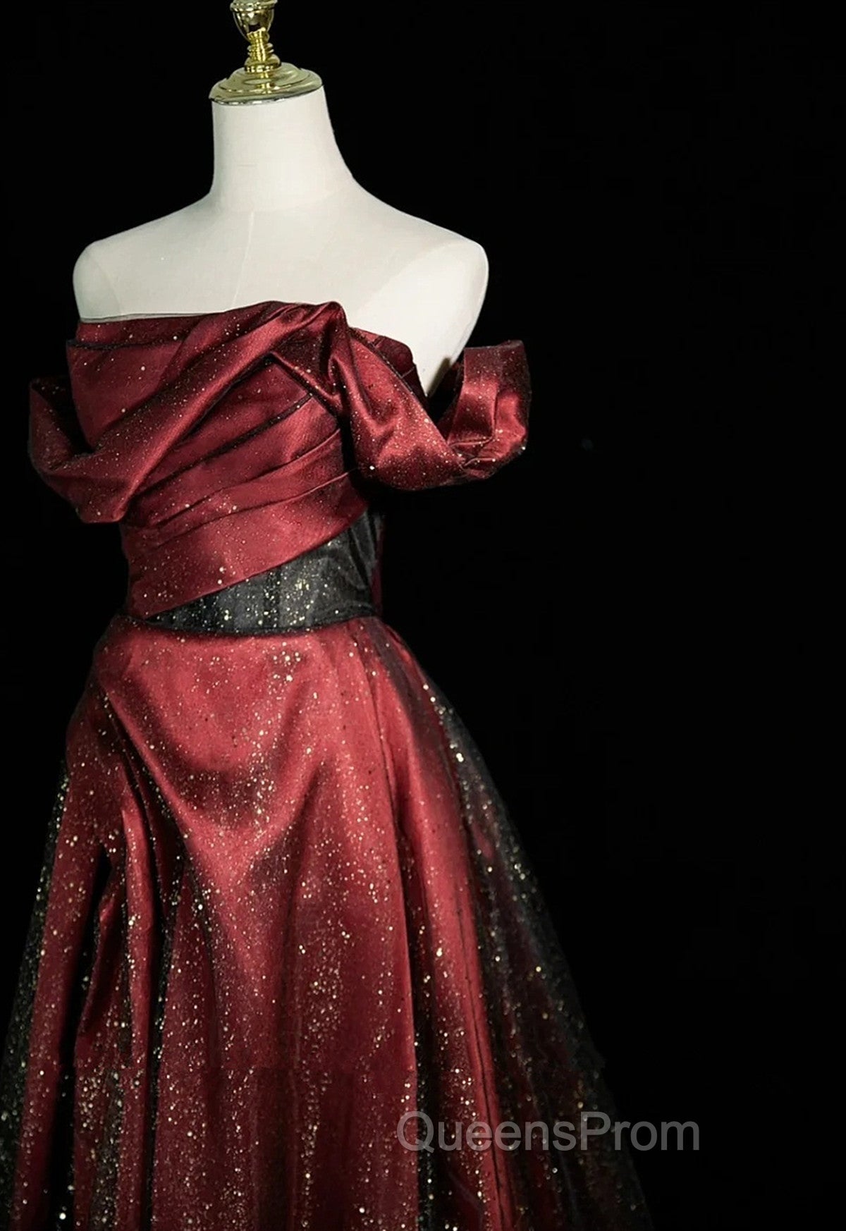 Black and Wine Red Satin Off Shoulder Evening Dress, A-line Long Evening Prom Dress