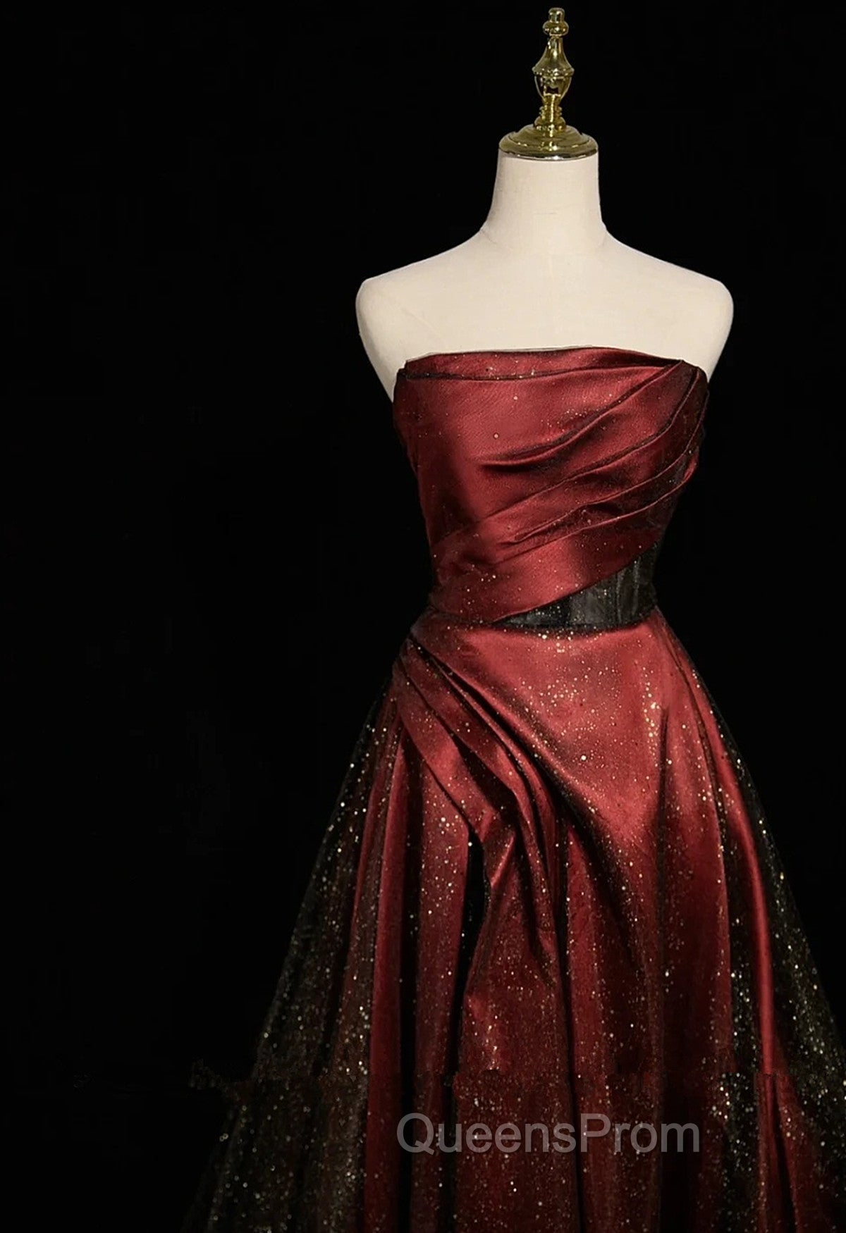 Black and Wine Red Satin Off Shoulder Evening Dress, A-line Long Evening Prom Dress