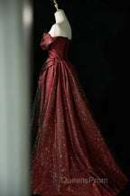 Black and Wine Red Satin Off Shoulder Evening Dress, A-line Long Evening Prom Dress