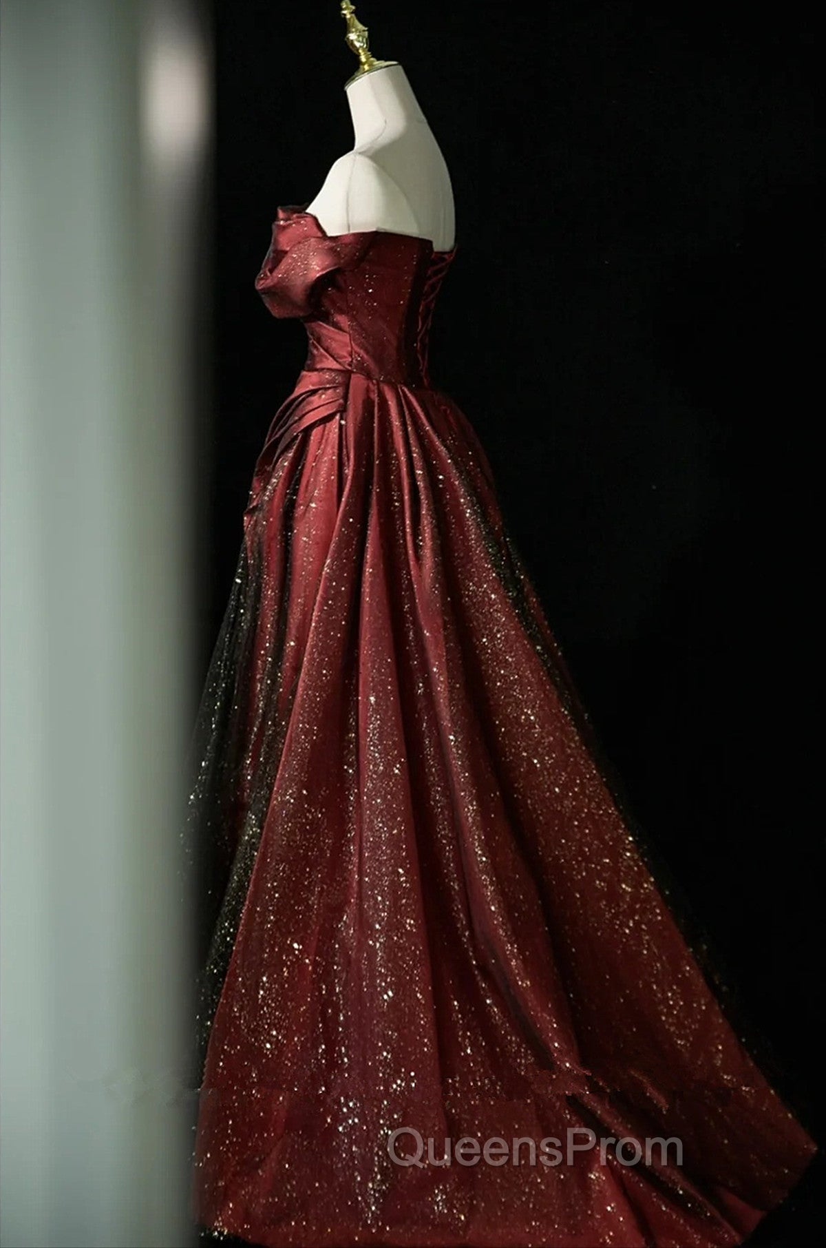 Black and Wine Red Satin Off Shoulder Evening Dress, A-line Long Evening Prom Dress