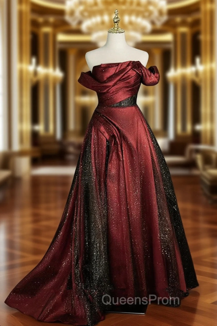 Black and Wine Red Satin Off Shoulder Evening Dress, A-line Long Evening Prom Dress Main image