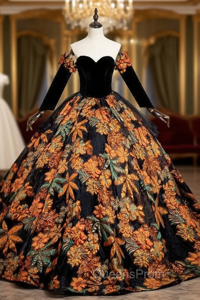 Black Ball Gown Embroidery Long Sleeve Quinceanera Dress Main image