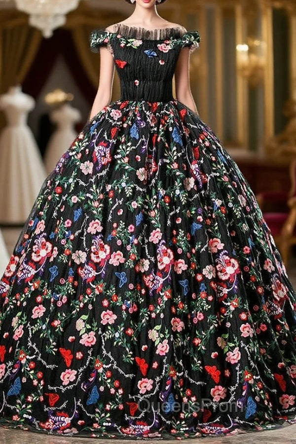 Black Ball Gown Embroidery Off the Shoulder Quinceanera Dress Main image