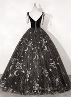 Black Ball Gown Floral V-neckline Straps Sweet 16 Dress, Black Tulle Evening Dress