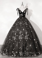 Black Ball Gown Floral V-neckline Straps Sweet 16 Dress, Black Tulle Evening Dress