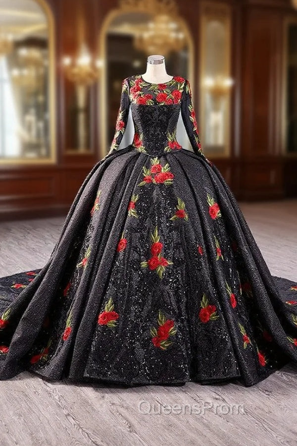 Black Ball Gown Long Sleeve Flower Evening Prom Dress Main image