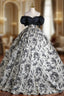 Black Ball Gown Print Puff Sleeve Pleats Quinceanera Dress
