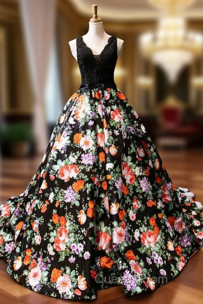 Black Ball Gown Satin Lace Print V-neck Evening Prom Dress With Beading