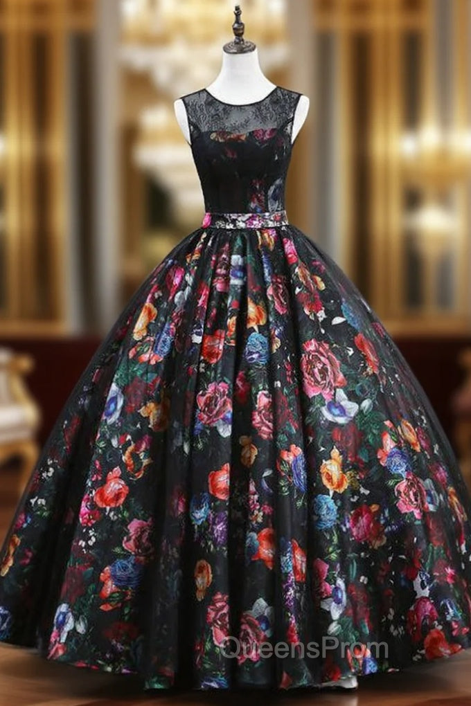 Black Ball Gown Satin Print Lace Backless Quinceanera Dress Main image