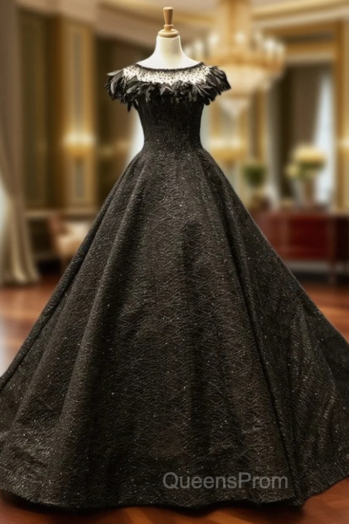 Black Ball Gown Sequins Beading Bateau Evening Prom Dress With Feather