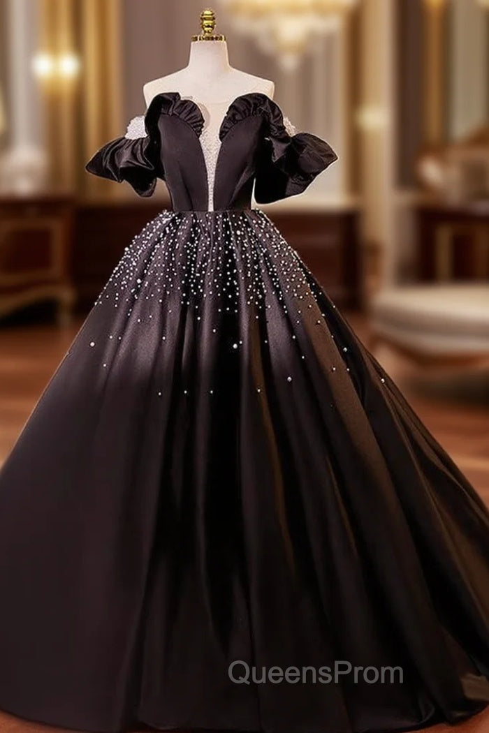 Black Ball Gown Short Sleeve Pearls Quinceanera Dress Main image
