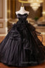 Black Ball Gown Strapless Flower Beading Evening Prom Dress
