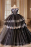 Black Ball Gown Strapless Flower Pleats Evening Prom Dress