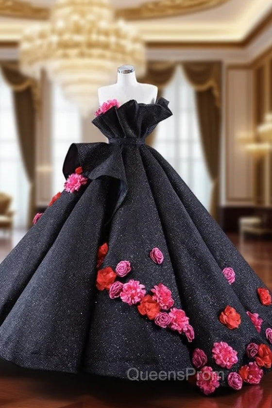 Black Ball Gown Strapless Flower Evening Prom Dress Main image
