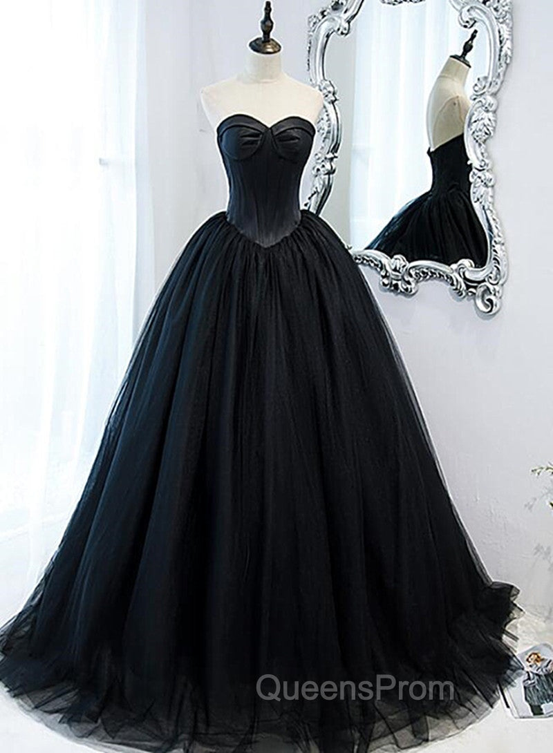 Black Ball Gown Sweetheart Satin and Tulle Evening Gown, Black Party Dress Main image
