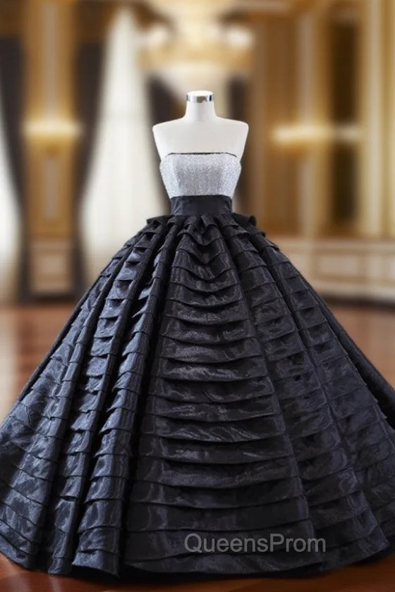 Black Ball Gown Tiers Sequins Evening Prom Dress