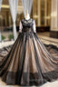 Black Ball Gown Tulle Lace Appliques Long Sleeve Luxury Evening Prom Dress