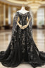 Black Ball Gown Tulle Off the Shoulder Long Sleeve Evening Prom Dress With Appliques