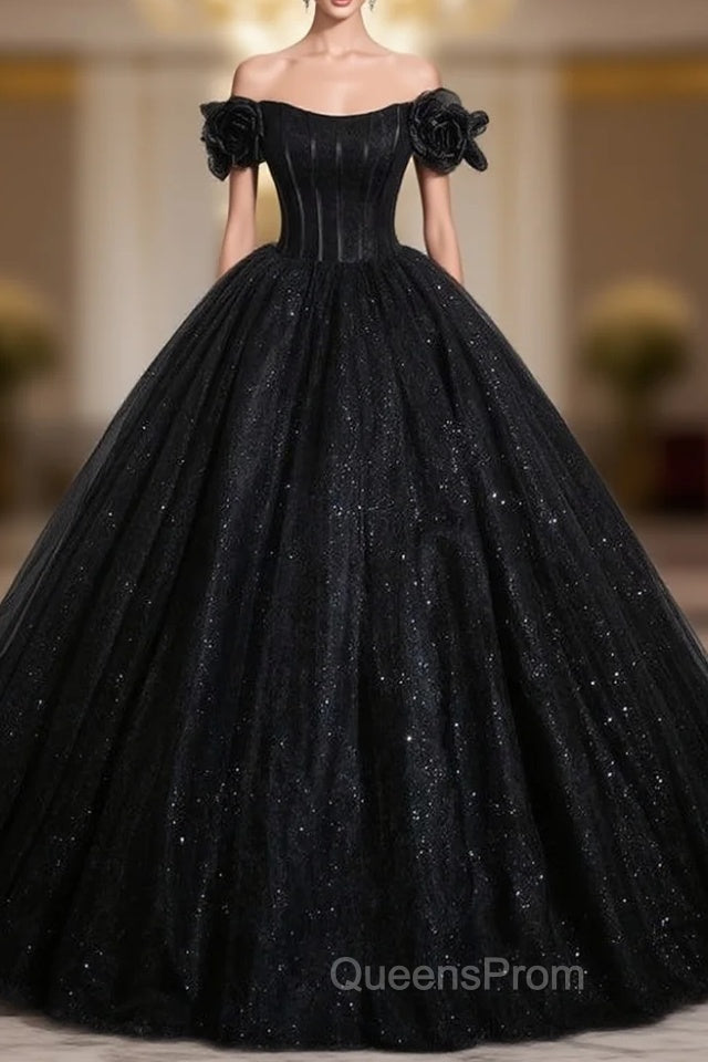 Black Ball Gown Tulle Sequins Off the Shoulder Quinceanera Dress Main image