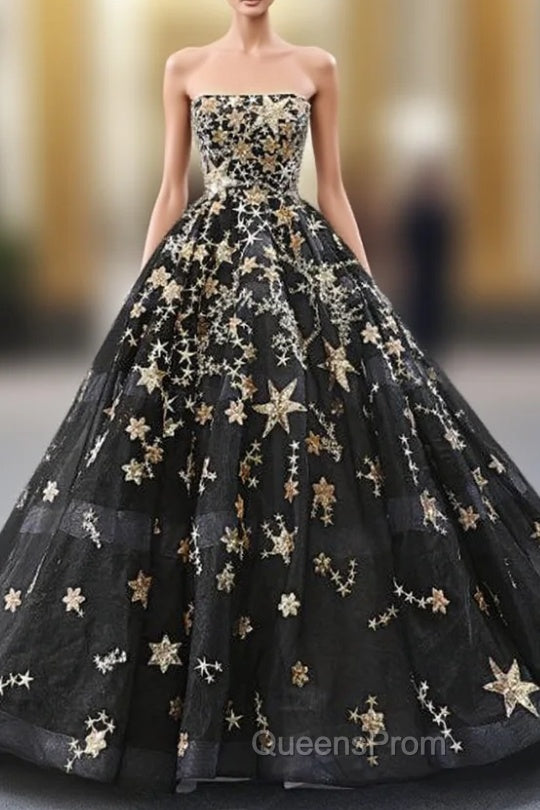 Black Ball Gown Tulle Sequins Strapless Sleeveless Luxury Evening Prom Dress Main image