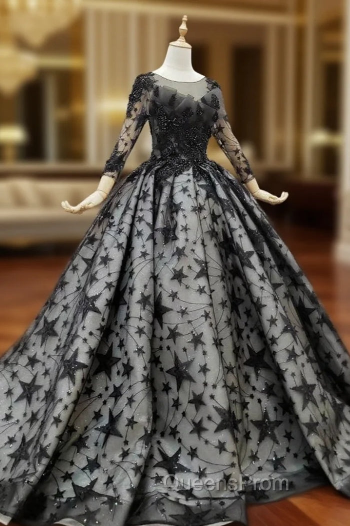 Black Ball Gown Tulle Star Sequins Long Sleeve Wedding Dress Main image