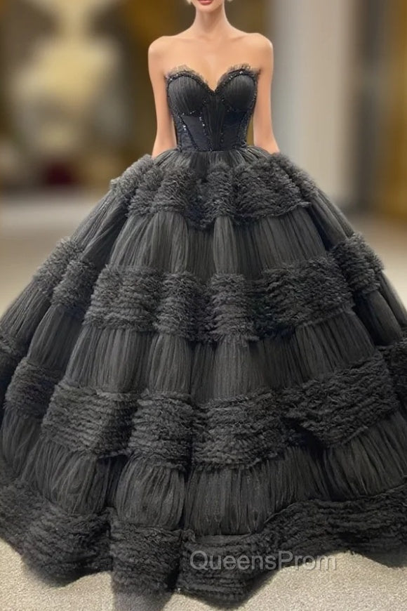 Black Ball Gown Tulle Sweetheart Beading Evening Prom Dress