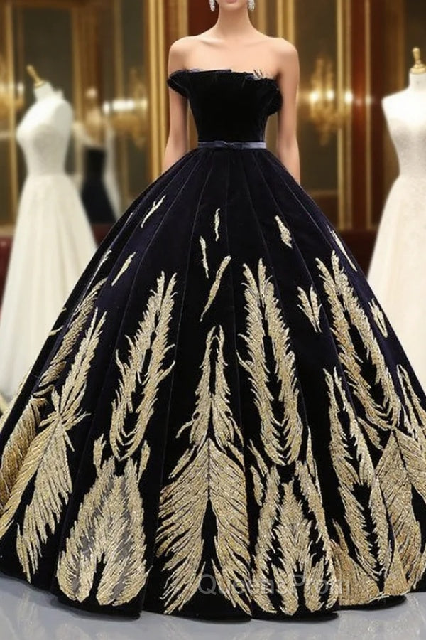 Black Ball Gown Velvet Gold Appliques Backless Long Haute Couture Evening Prom Dress