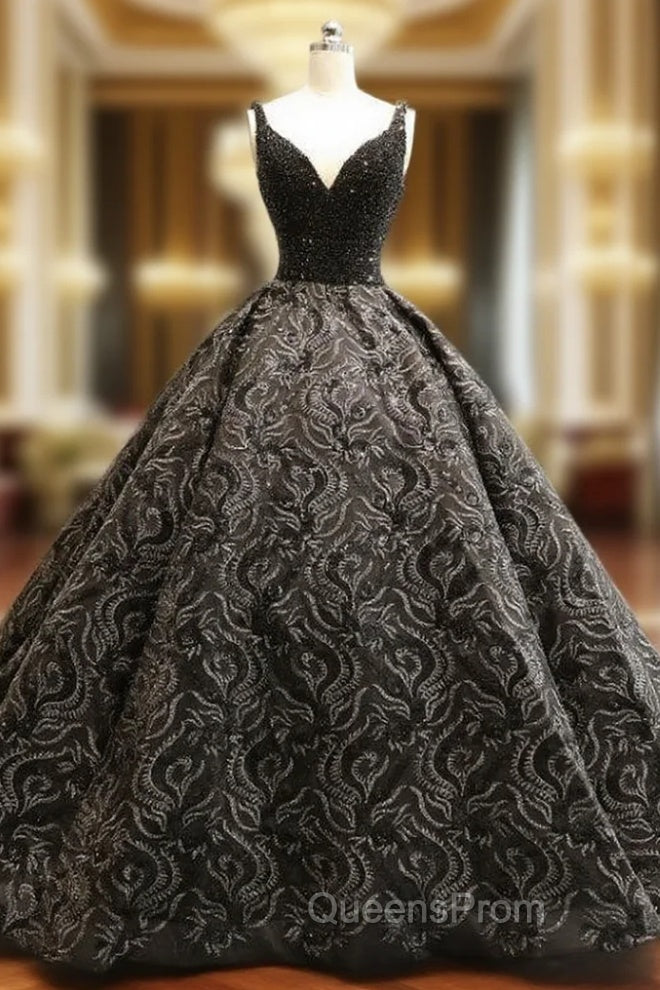 Black Ball Gown Vintage V-neck Appliques With Beading Wedding Dress Main image