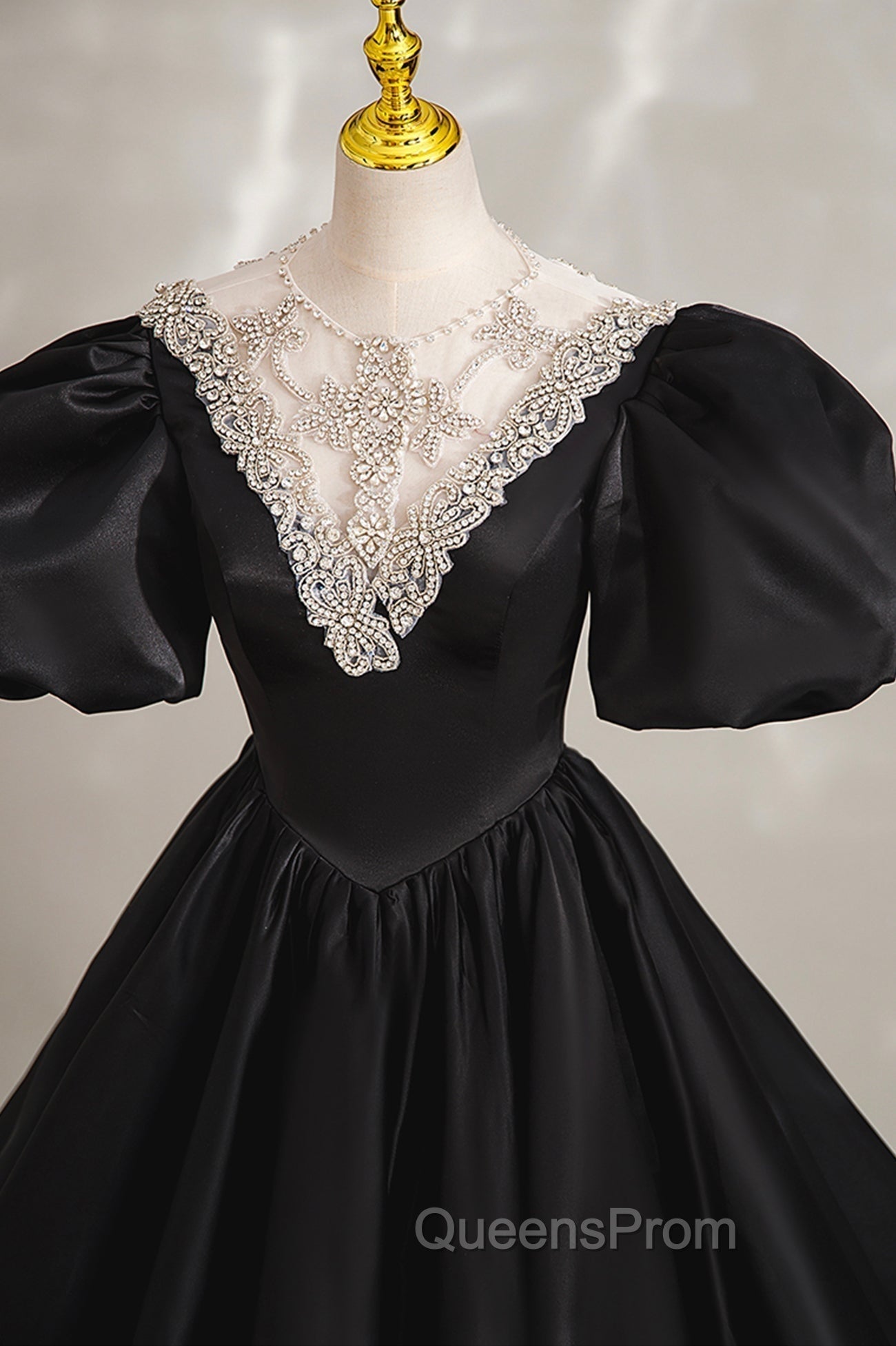 Black Ball Gown with Beaded, Black Short Sleeve Evening Dress Secondary image