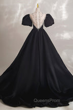 Black Ball Gown with Beaded, Black Short Sleeve Evening Dress