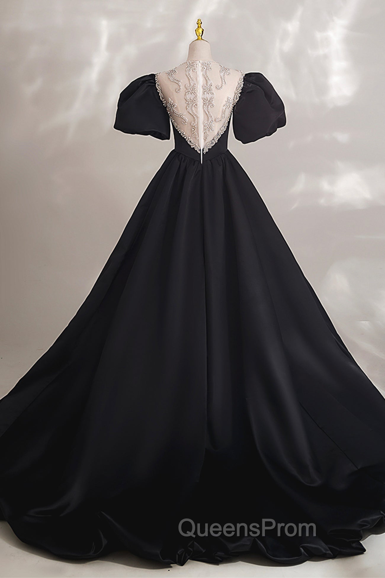 Black Ball Gown with Beaded, Black Short Sleeve Evening Dress