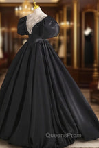 Black Ball Gown with Beaded, Black Short Sleeve Evening Dress