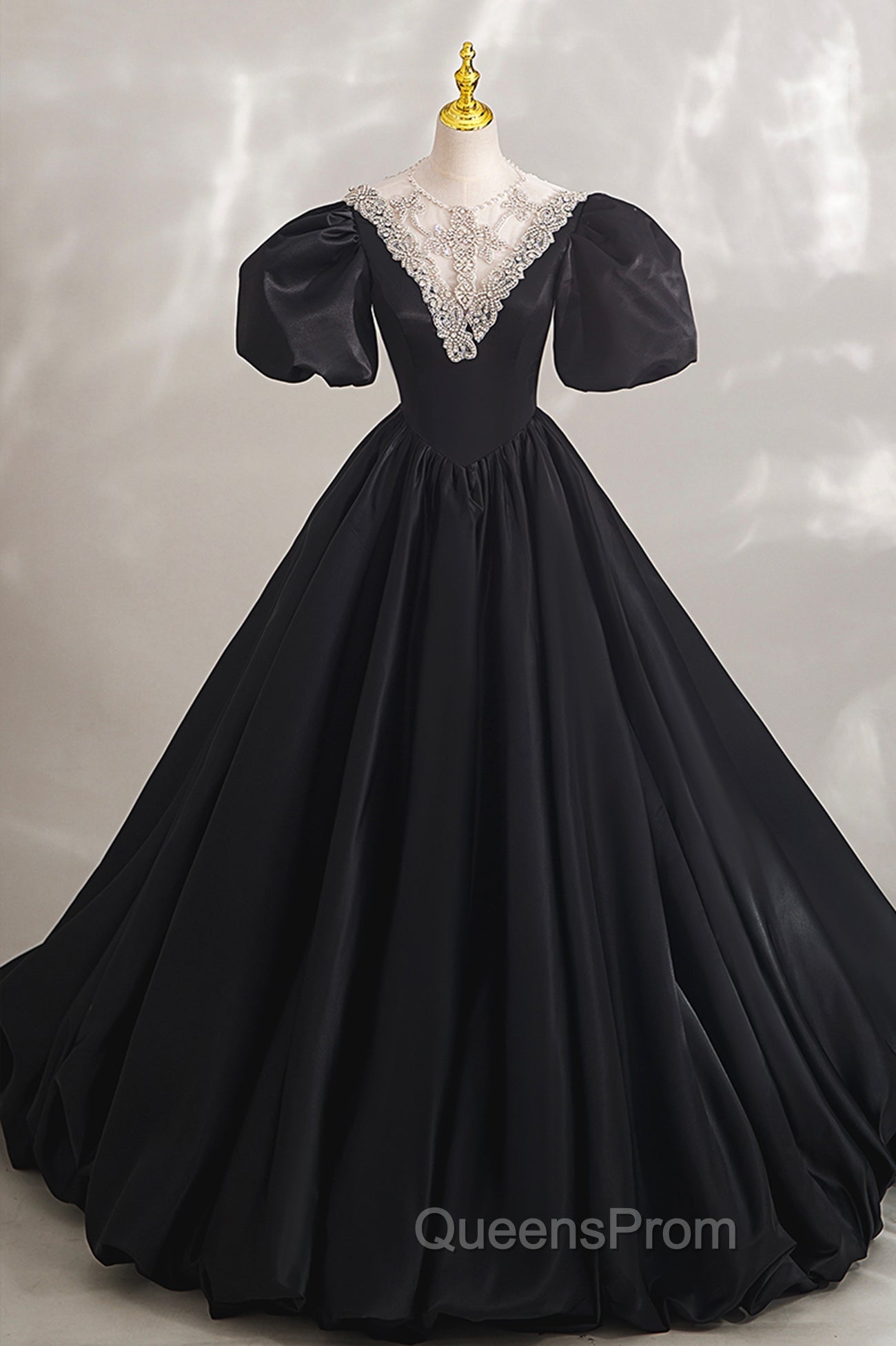 Black Ball Gown with Beaded, Black Short Sleeve Evening Dress Main image