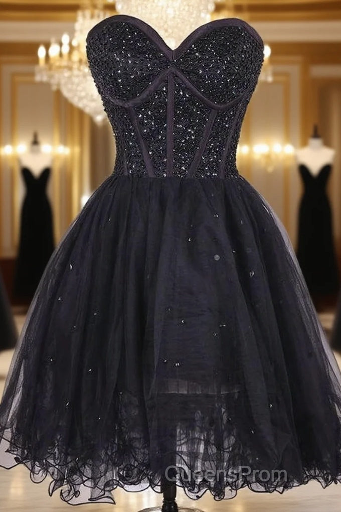 Black Beaded Embellished Sweetheart Short Tulle Homecoming Dress Main image