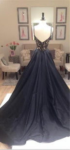 Black Beaded Lace Off Shoulder Classy Prom Dress-Elegant V-Neck V-Back Prom Gown