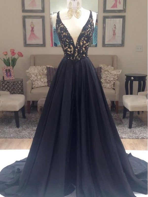 Black Beaded Lace Off Shoulder Classy Prom Dress-Elegant V-Neck V-Back Prom Gown