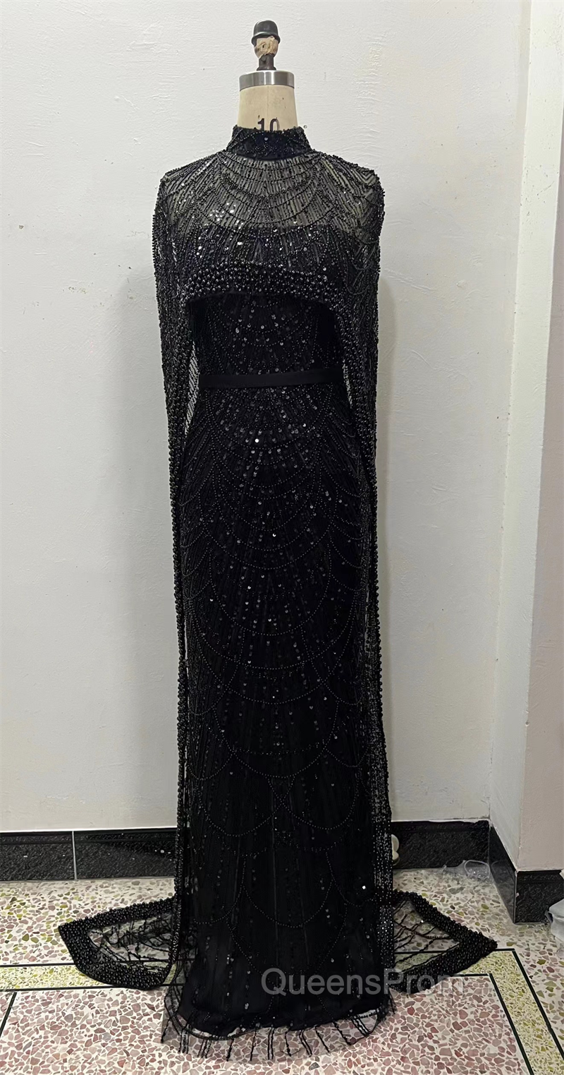 Black Beading Evening Prom Dress Sweep Train High Neck Zipper Sleeveless Evening Dress Secondary image