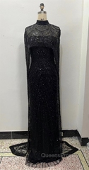 Black Beading Evening Prom Dress Sweep Train High Neck Zipper Sleeveless Evening Dress