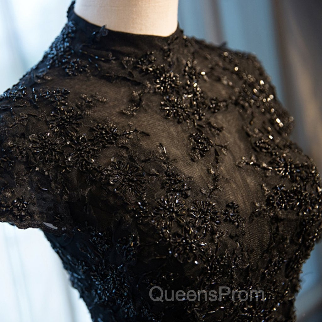 Black Cap Sleeves Long Tulle Party Dress, Black Evening Prom Dress