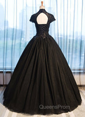 Black Cap Sleeves Long Tulle Party Dress, Black Evening Prom Dress