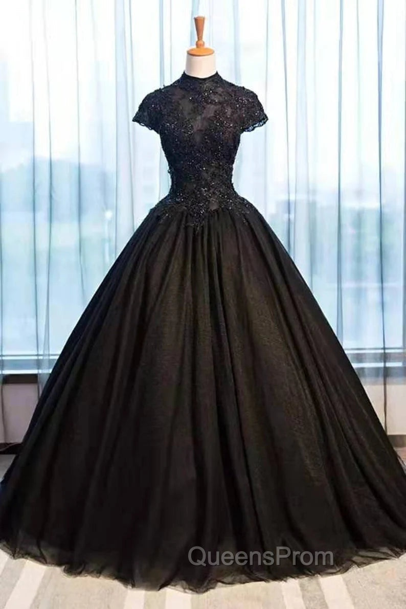 Black Cap Sleeves Long Tulle Party Dress, Black Evening Prom Dress Main image