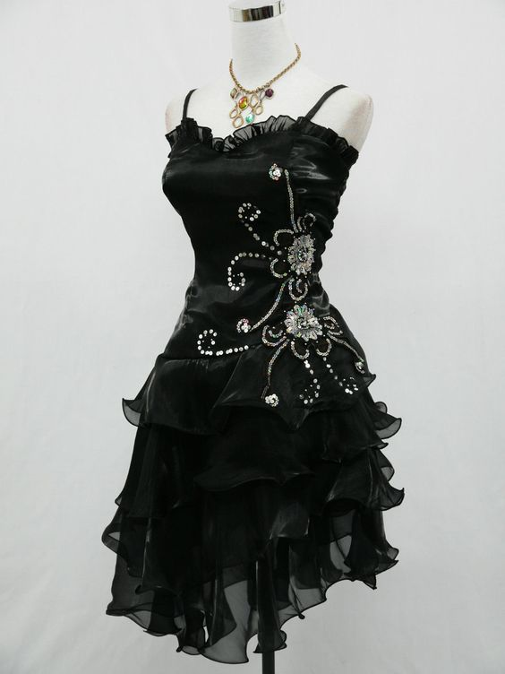 Black Chiffon Beaded Mini Satin Short Classy Prom Dress Homecoming Dress