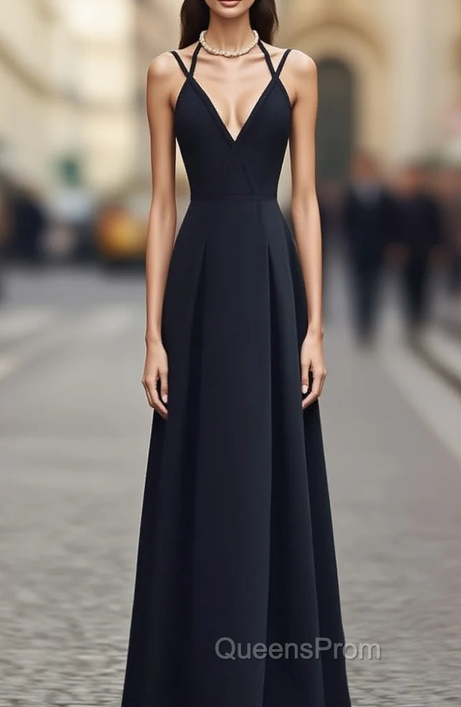 Black Chiffon Straps Long A-line Junior Evening Prom Dress, Black Party Gowns