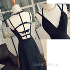 Black Chiffon Straps Long A-line Junior Evening Prom Dress, Black Party Gowns