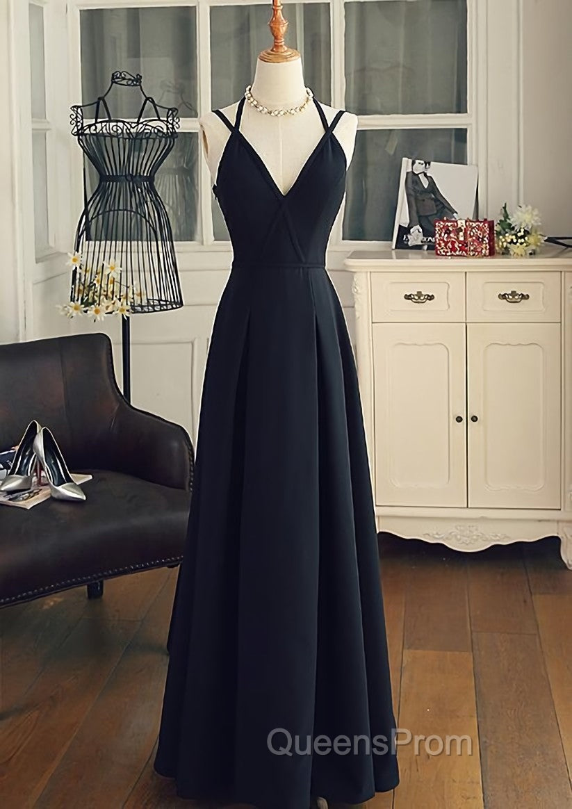 Black Chiffon Straps Long A-line Junior Evening Prom Dress, Black Party Gowns Secondary image