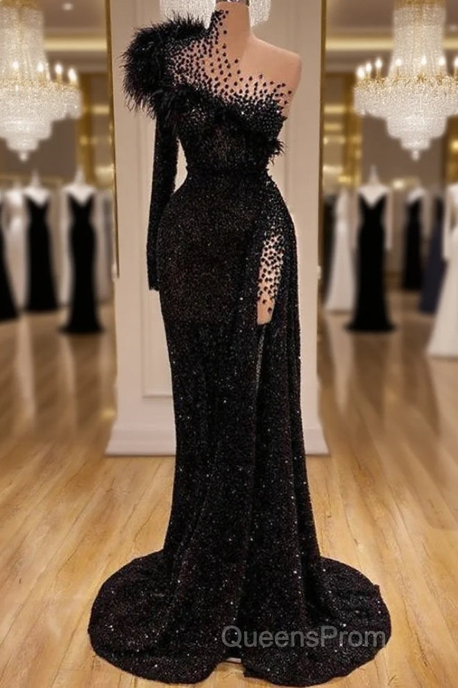 Black Evening Dress High Neck Side Split Long Sleeve Mermaid Evening Prom Dress Feather Beaded Sexy Special Occasion Gowns