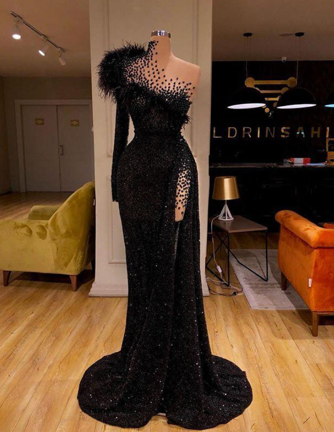 Black Classy Evening Dress High Neck Side Split Long Sleeve Mermaid Classy Prom Dress Feather Beaded Sexy Special Occasion Gowns Main image